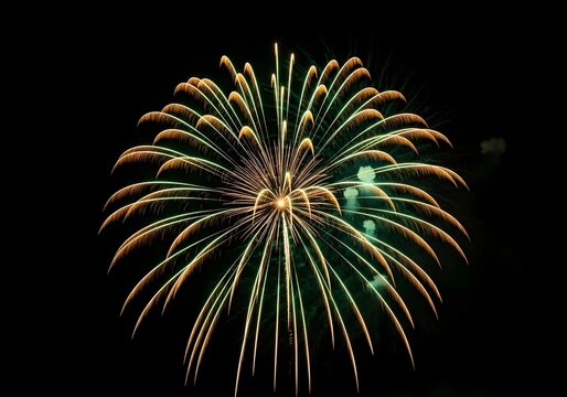 Golden and Green Fireworks Exploding in the Night Sky Celebrating Festive Occasions with Dazzling Light Displays and Brilliant Color Showers - Powered by Adobe