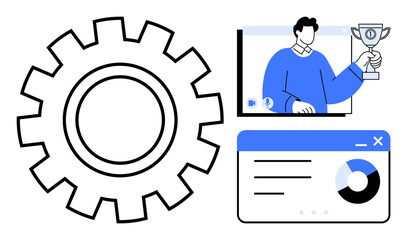 Gear representing productivity, man holding trophy denoting achievement, interface window with pie chart and text. Ideal for business, strategy, success metrics, technology, efficiency, innovation