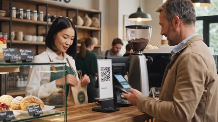 Customer pays with mobile device at coffee shop counter with pastry display - Powered by Adobe