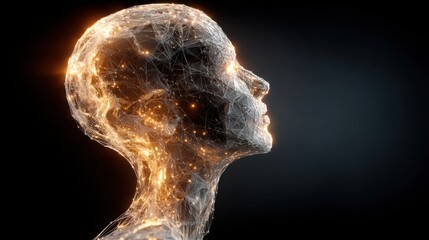 A human head emitting a glowing light representing enlightenment and the mapping of emotional networks and connections