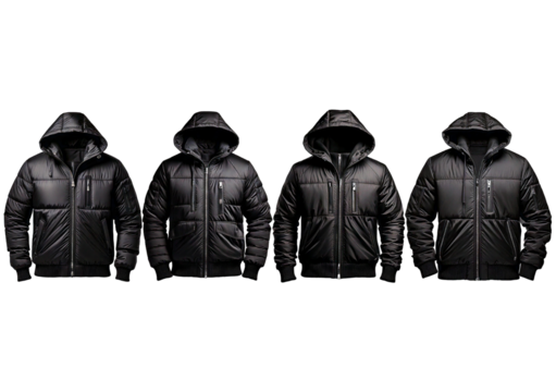 Stylish Black Hooded Jacket for Cold Weather isolated on transparent or white background