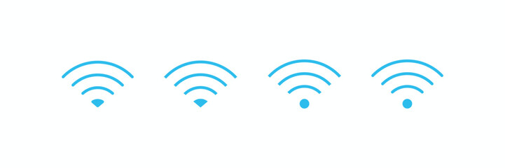Massive vector pack of WiFi icons. Includes outline, solid, blue, and inverted white styles showing every signal strength level for wireless internet network symbols. Essential for apps and web design