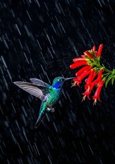 Fototapeta premium Hummingbird in the Rain Seeking Nectar from Vibrant Red Flowers A Display of Natures Resilience and Beauty