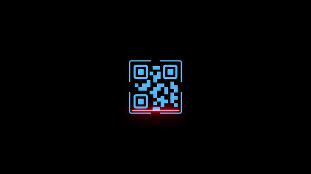 Glowing neon QR code with scan icon isolated animation,Glowing neon scanner icon video animation,QR code scanner 4k video footage with black background.
