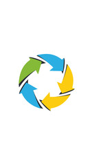 Six green, blue, and yellow arrows arranged in a circular, rotating pattern on a white background.