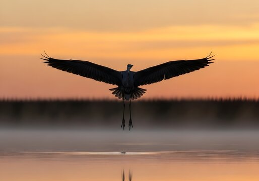 Majestic Heron Landing at Dawn Capturing Serenity and Natural Beauty of Wildlife in Peaceful Waters with Vibrant Sky Reflecting in the Lake Surface - Powered by Adobe