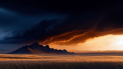 Dramatic landscape of a mountain range under a dark, stormy sky with a vibrant sunset illuminating the clouds and field.