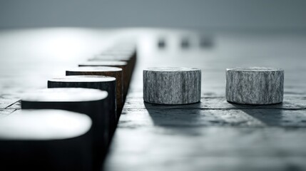 Wooden table with three wooden blocks illustrating the concept of failed continuation and emotional market dynamics