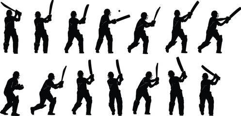 Cricket, silhouette, batting, player, action, sequence, sport, athlete, motion, swing, performance, training, dynamic, movement, illustration, pose, technique, practice, professional, equipment