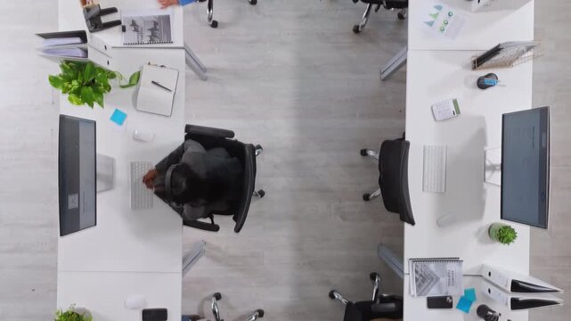 People, call center and above for contact, talk or customer support with pc at investment company. Men, women and consulting with coworking, voip headset and financial advisory services at agency