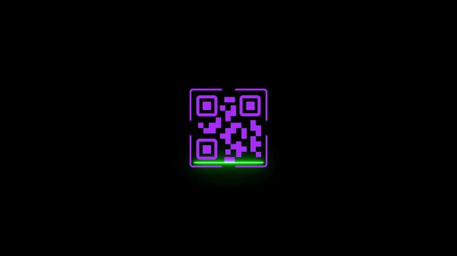 Glowing neon QR code with scan icon isolated animation,Glowing neon scanner icon video animation,QR code scanner 4k video footage with black background.