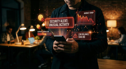 Man uses smartphone to view holographic stock market data