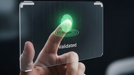 Fingerprint scan on futuristic transparent device for security and identification purposes