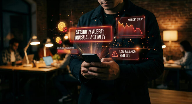 Man uses smartphone to view holographic stock market data