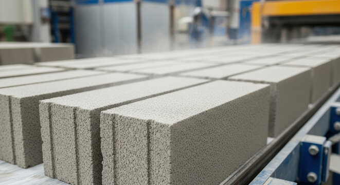 Lightweight concrete blocks moving along automated production line in modern construction materials factory, industrial batch manufacturing of aerated cement bricks for building projects