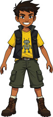 Smiling cartoon boy in adventure gear wearing a yellow robot tshirt and black vest. © Vira