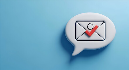Email confirmation icon with a red checkmark inside a speech bubble on a blue background.