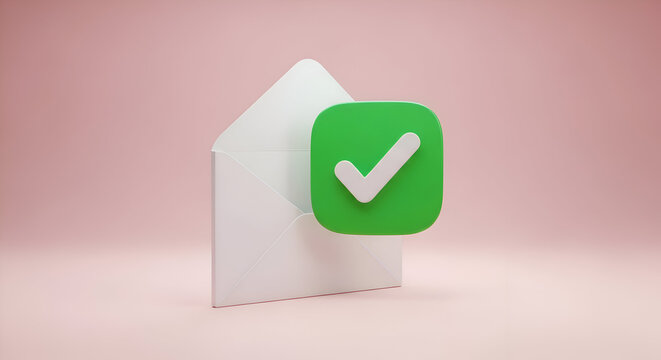 Minimalist 3D illustration of a verified email with a green checkmark icon on a pink background. - Powered by Adobe