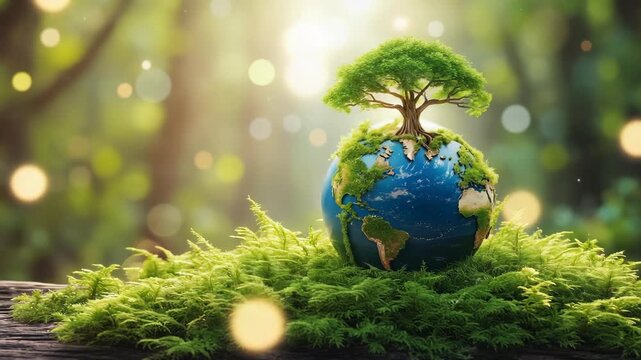 globe with tree with lush green foliage lying on moss in forest