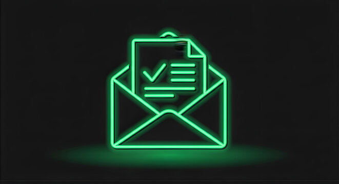 Glowing green neon email icon with an approved document checkmark.