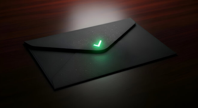 Secure Black Envelope with a Glowing Green Verification Checkmark Symbol. - Powered by Adobe