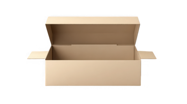 A partially open cardboard box with flaps visible against a black background in a studio setting