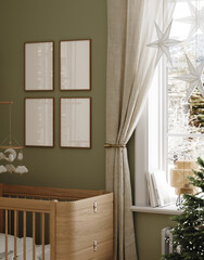 Festive poster frame mockup, cozy green nursery decorated for Christmas, 3d render