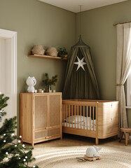 Cozy green nursery decorated for Christmas, 3d render