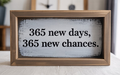 A framed sign with the quote 365 new days and 365 new chances sitting on a white surface