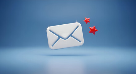3D rendered email envelope icon with red notification stars on a blue background.
