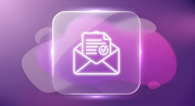 Glowing neon email confirmation icon on a glassmorphic button with a purple abstract background.