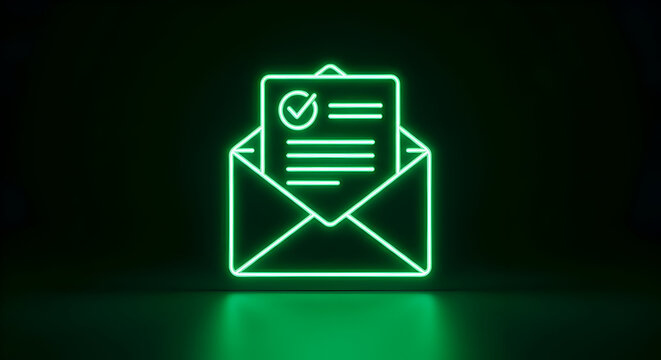 Glowing Green Neon Email Icon with Approved Document Confirmation. - Powered by Adobe