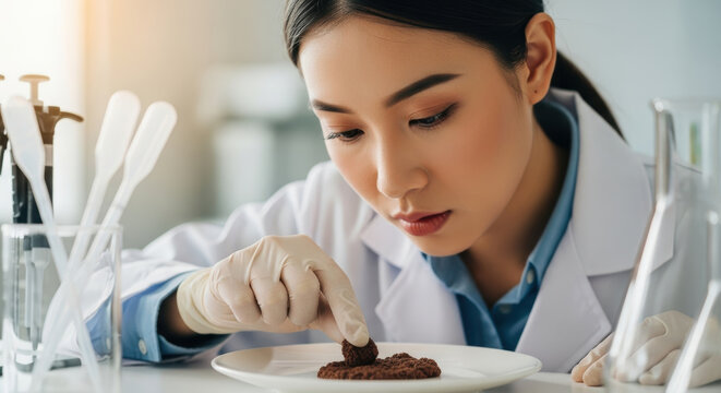 Curious focused asian female scientist in white lab coat and gloves closely examining plant based meat sample on plate in modern food laboratory for quality control research