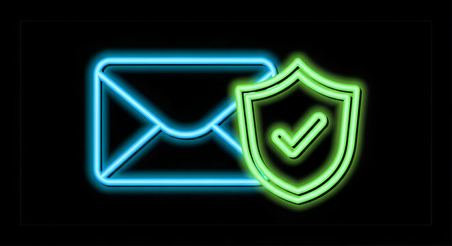 Neon glowing secure email icon with a green protection shield and checkmark on a black background. - Powered by Adobe