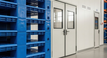 Industrial warehouse interior with stacked blue plastic pallets near clean white loading doors and metal shelving racks in modern logistics storage facility aisle