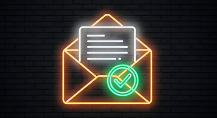 Neon Email Icon with Green Checkmark Confirmation Symbol.