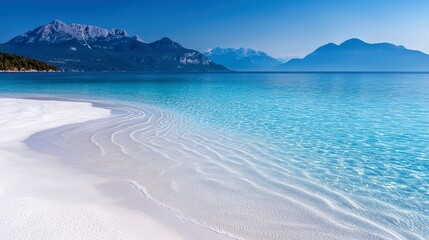 A beautiful panoramic view of a white sand beach with clear turquoise water, mountains in the background, and a bright blue sky. The scene evokes feelings of tr