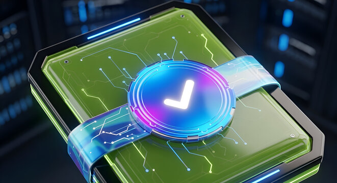 Futuristic secure data container with a glowing validation checkmark.