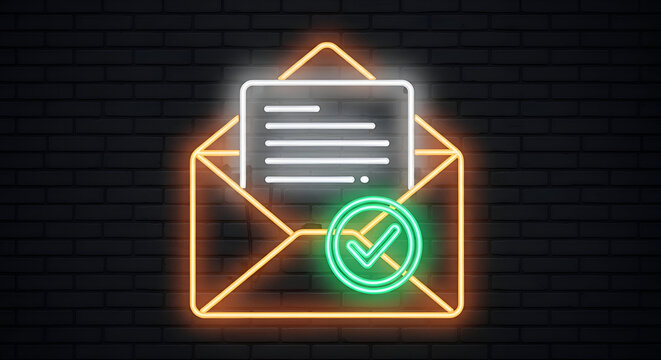 Neon Email Icon with Green Checkmark Confirmation Symbol.