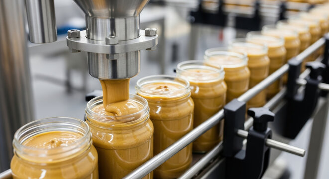 Creamy peanut butter flowing from industrial filling machine into glass jars on automated conveyor line in modern food processing factory