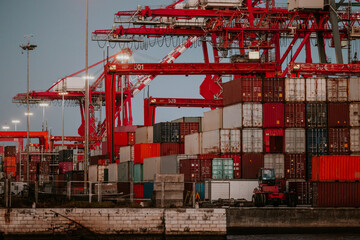 Lisbon shipping port with stacked cargo containers