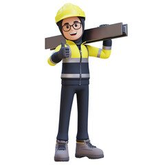 Female Handywoman Construction Worker Carrying Metal Beam and Giving Thumbs Up