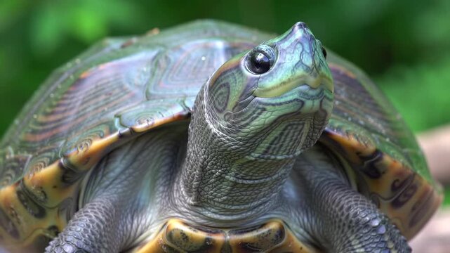 Close up of small turtle head and shell with green blurry background in natural light