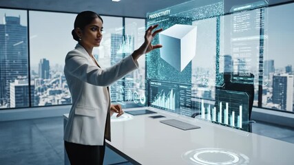 Businesswoman Interacting With Futuristic Holographic Display in Modern Office. - Powered by Adobe