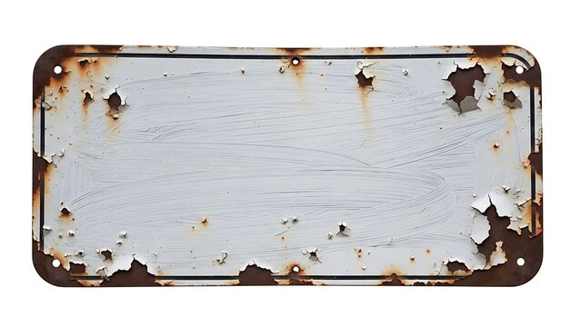 Weathered and rusted rectangular metal sign with peeling paint and distressed texture isolated on white
