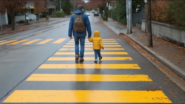 A parent crossing the street with a small child in their grasp at a pedestrian crossing