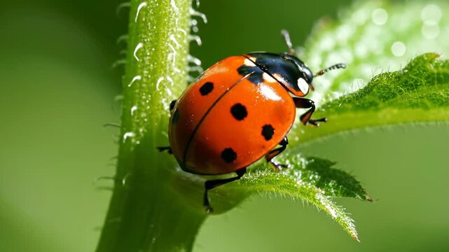 Red ladybug insect on green plant stem macro photography sunlight detail