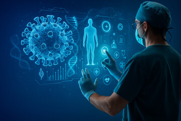 AI generated a medical expert interacting with holographic virus models, DNA structures, and diagnostic data for futuristic healthcare, real-time analysis, biotech progress, and disease evaluation.