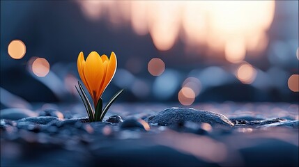 A vibrant yellow crocus flower blooms among rocks, with a soft bokeh background and warm lighting, creating a serene and hopeful scene.