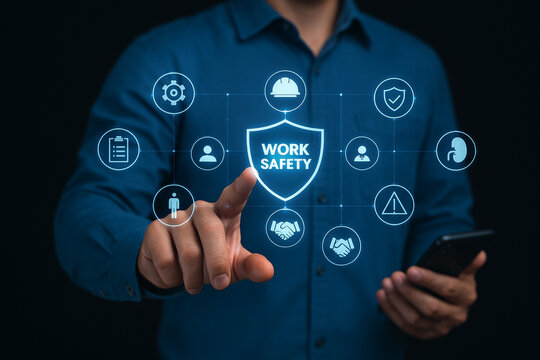 AI generated hologram interface showing work safety icons helmet checklist warning collaboration as a man interacts with a glowing digital shield to represent smart risk control workplace protection